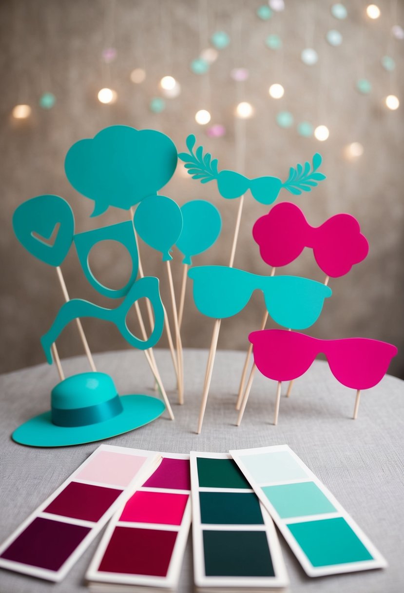 Vintage teal and fuchsia photo booth props arranged on a table with wedding color swatches