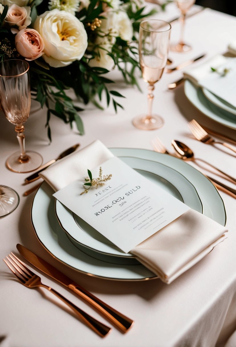 A luxurious wedding table setting with ivory linens, rose gold cutlery, and delicate rose gold accents