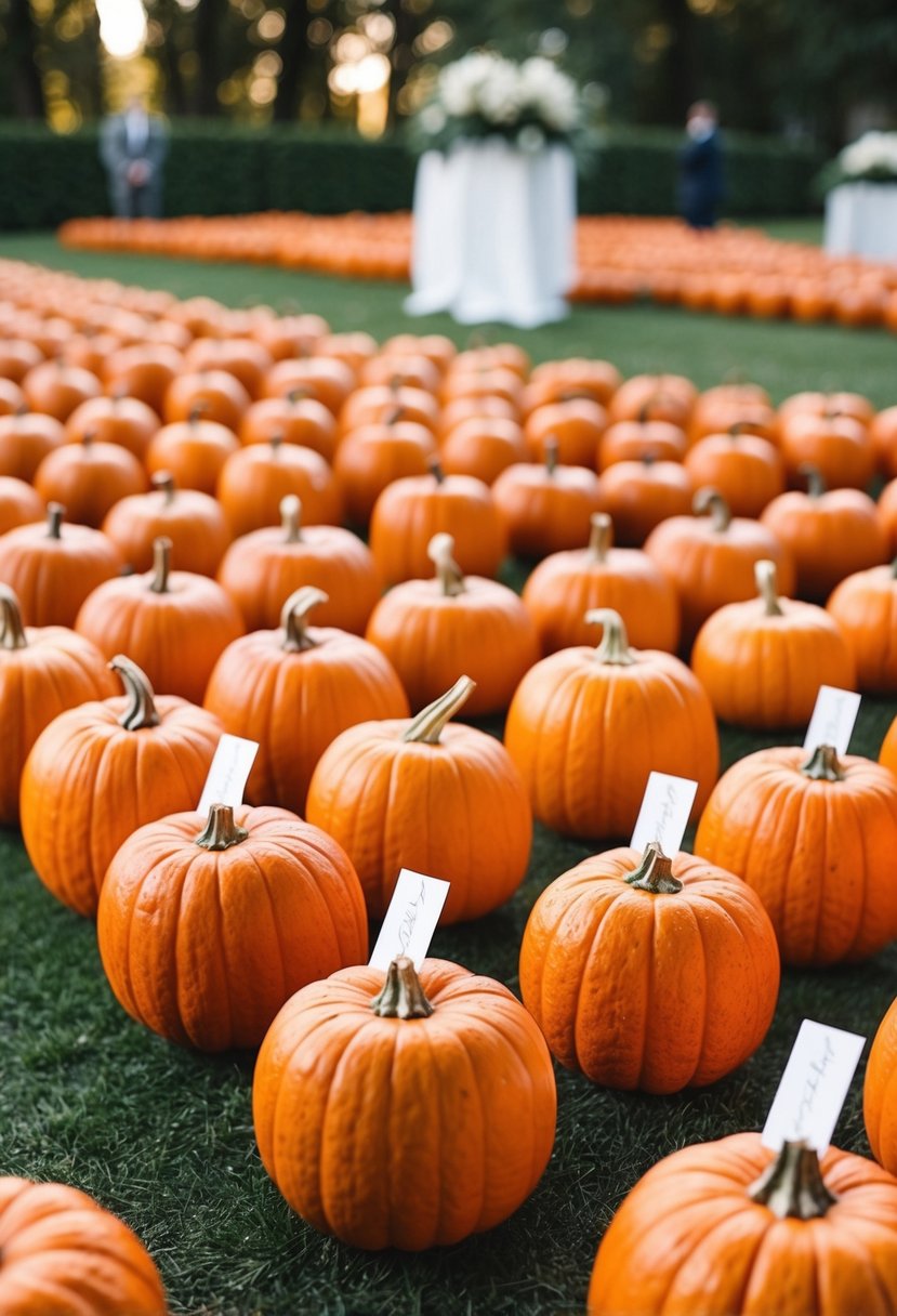 Miniature pumpkins arranged in rows with name tags for a wedding seating display