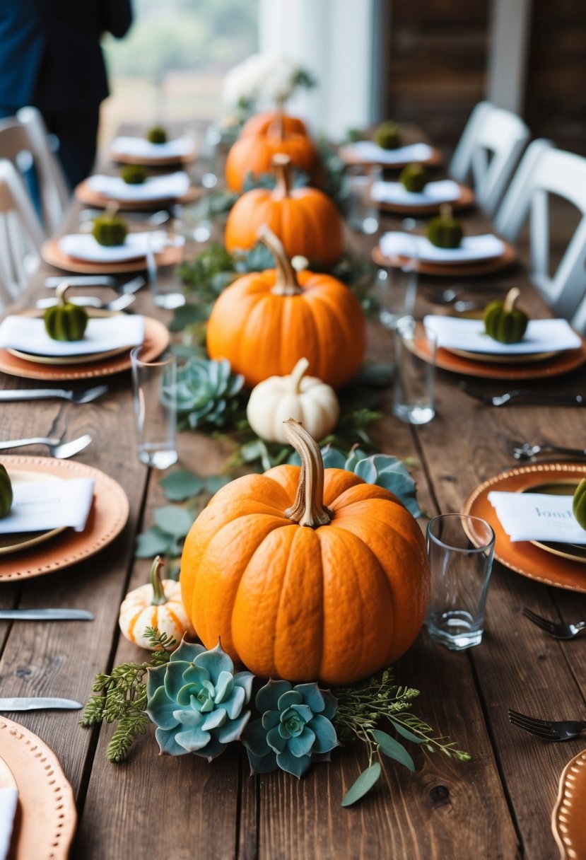 A rustic wooden table adorned with pumpkin and succulent boutonnieres, creating a charming and unique wedding decor