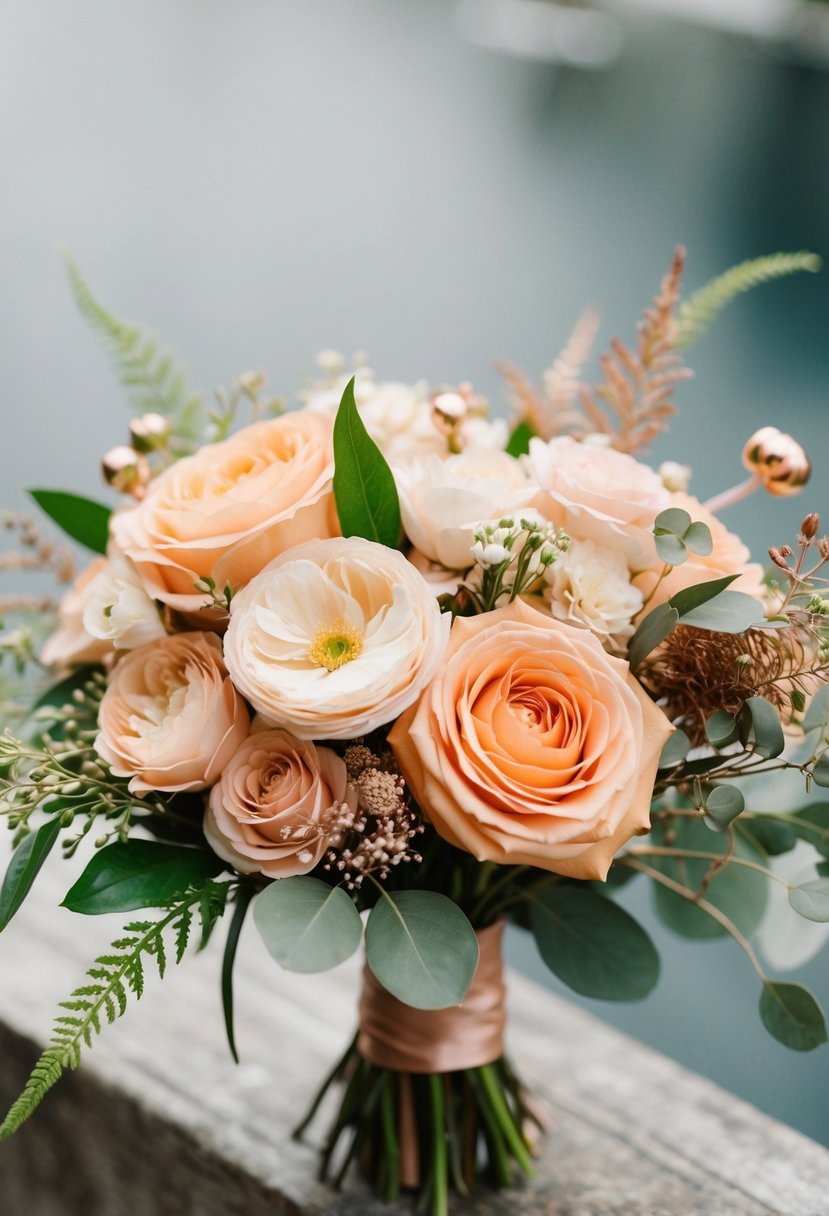 A peach and rose gold wedding bouquet with delicate flowers and greenery