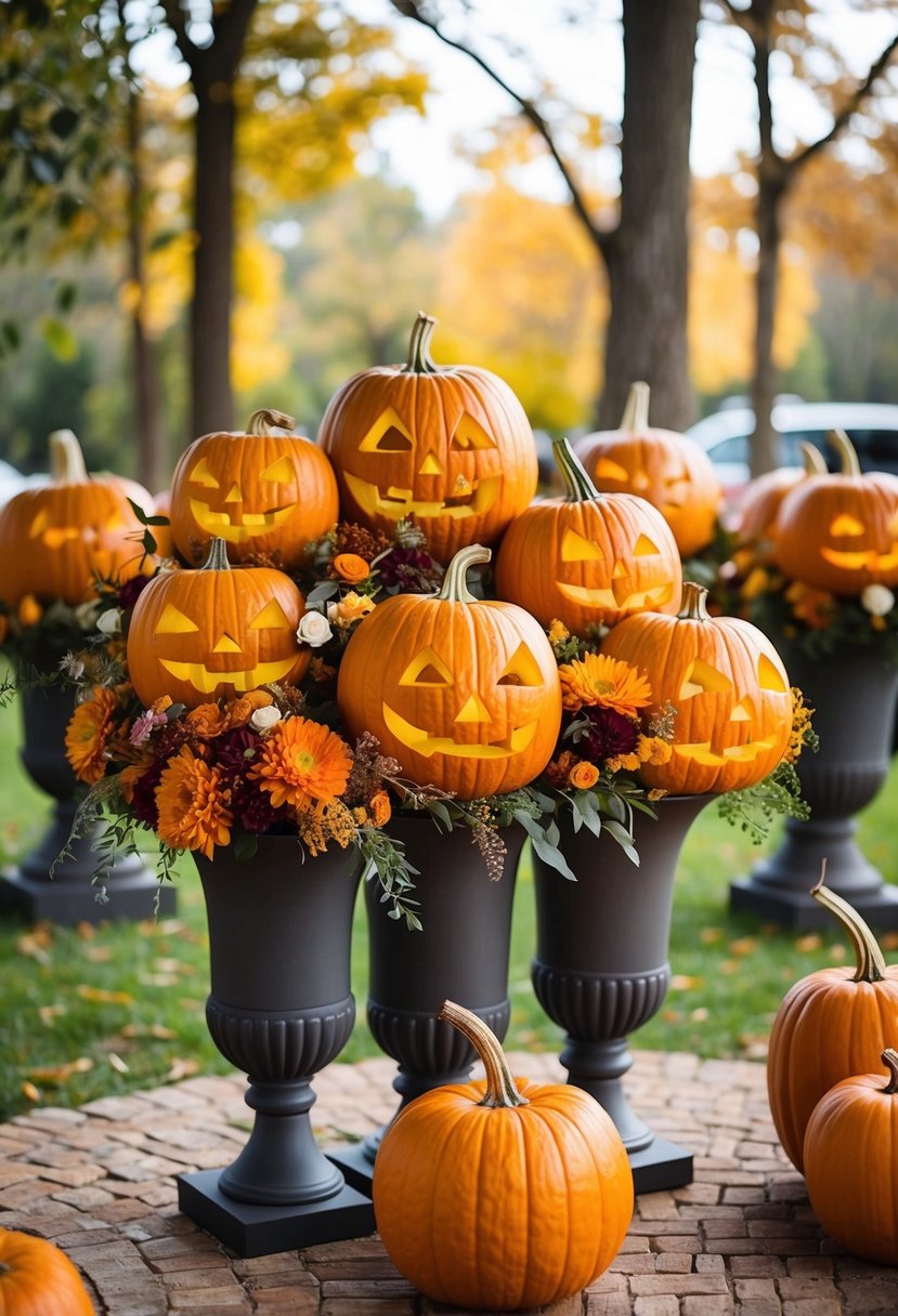 A cluster of pumpkins carved into vases filled with autumn florals, arranged as wedding decor