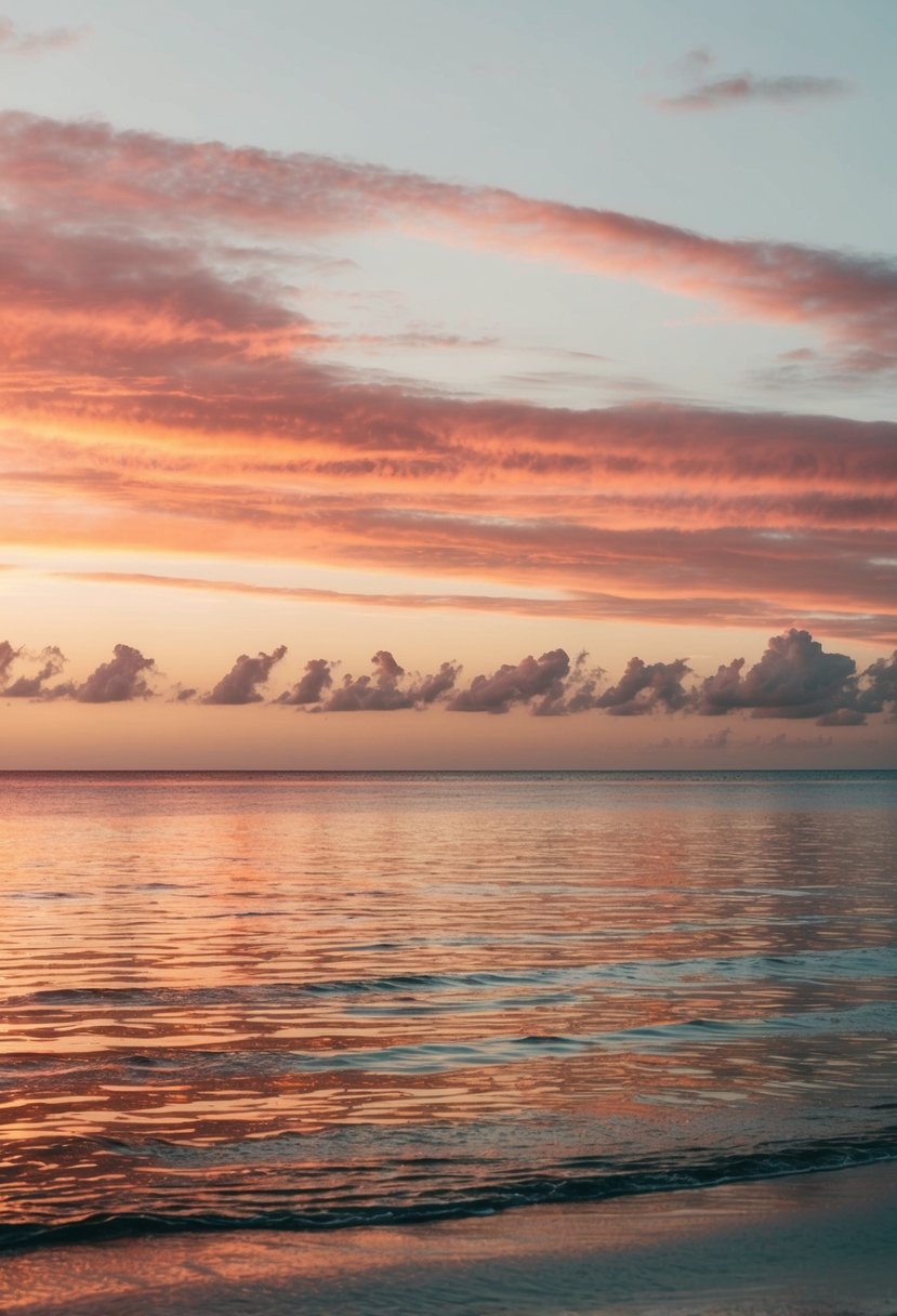 A serene beach at sunset, with coral and rose gold hues reflecting off the water and sky, creating a dreamy fusion of colors for a wedding palette