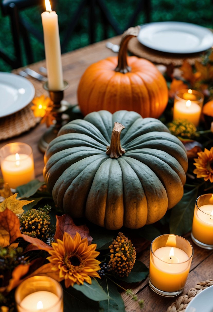 A scabiosa pod and pumpkin centerpiece adorns a rustic wedding table, surrounded by flickering candles and autumn foliage