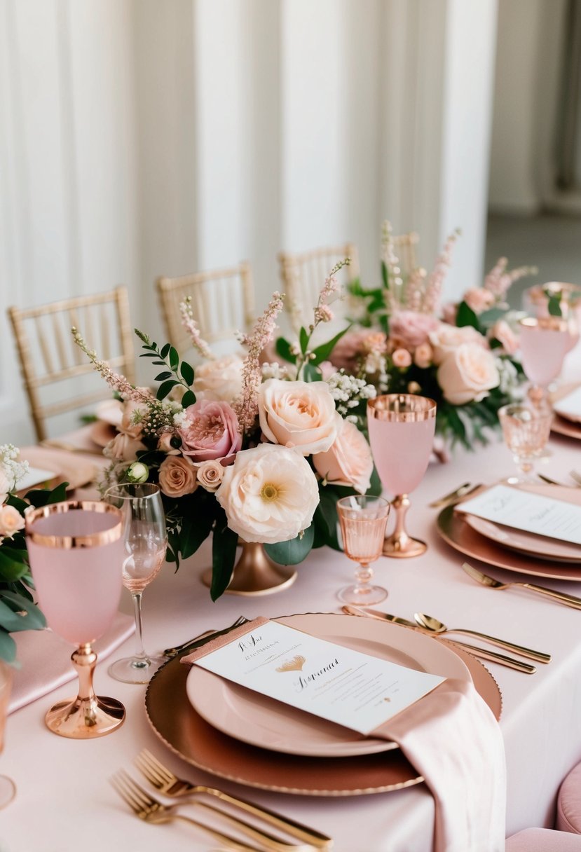 A soft pink and rose gold wedding table set with elegant floral arrangements and shimmering metallic accents