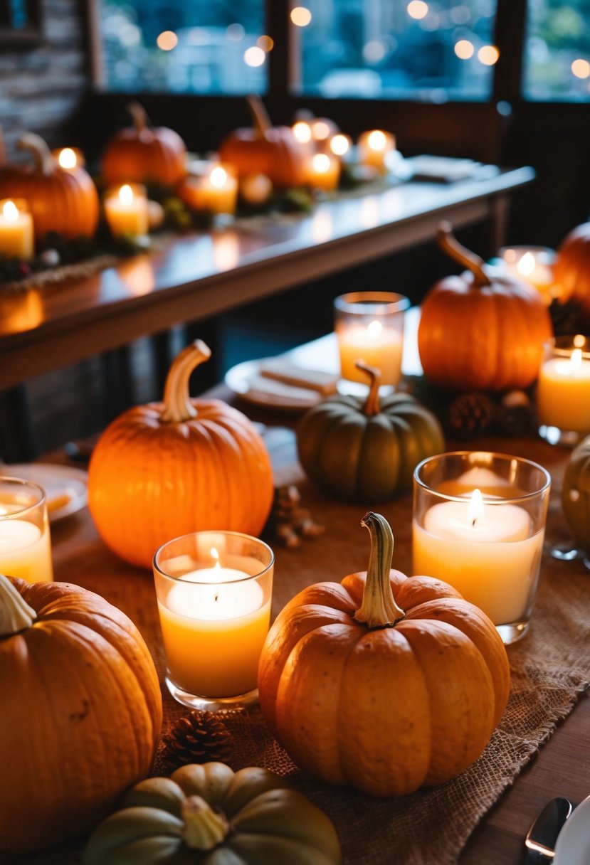 A cozy fall wedding scene with pumpkin-scented candles adorning the tables and adding a warm, inviting ambiance to the decor