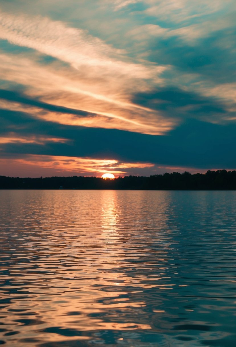 A shimmering aqua and rose gold sunset over a tranquil lake, reflecting the warm hues onto the water's surface