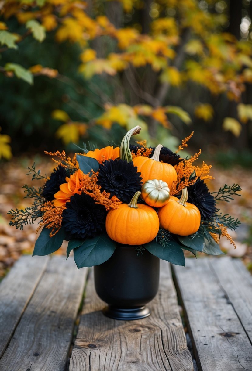 A black and pumpkin orange bouquet displayed on a rustic wooden table with fall foliage in the background