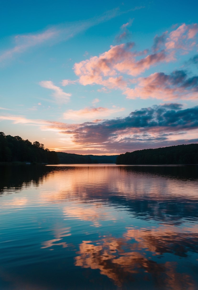 A serene sky blue and rose gold sunset over a tranquil lake, reflecting the colors onto the water