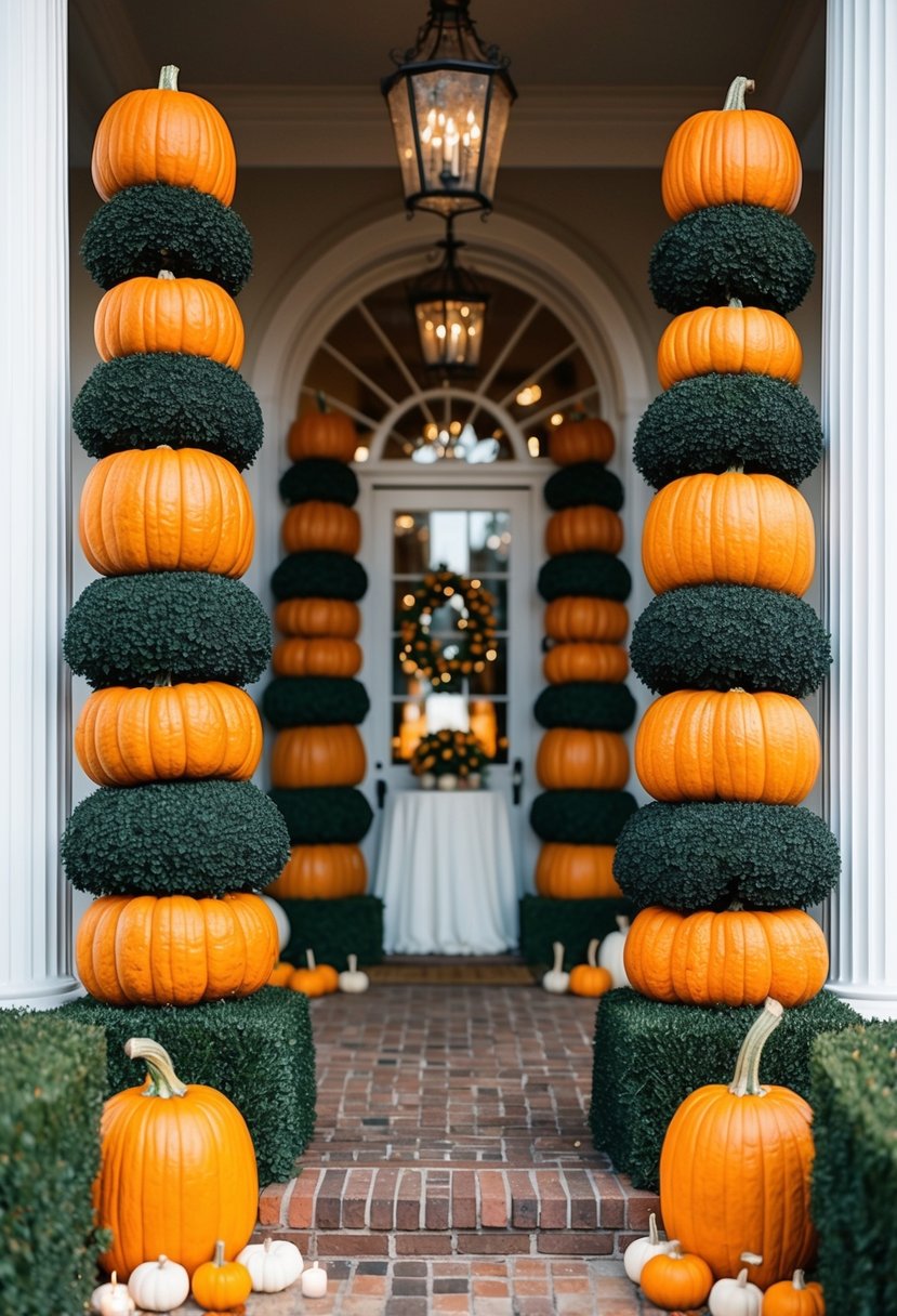 A grand entrance adorned with towering pumpkin topiaries, creating a whimsical and enchanting atmosphere for a wedding celebration