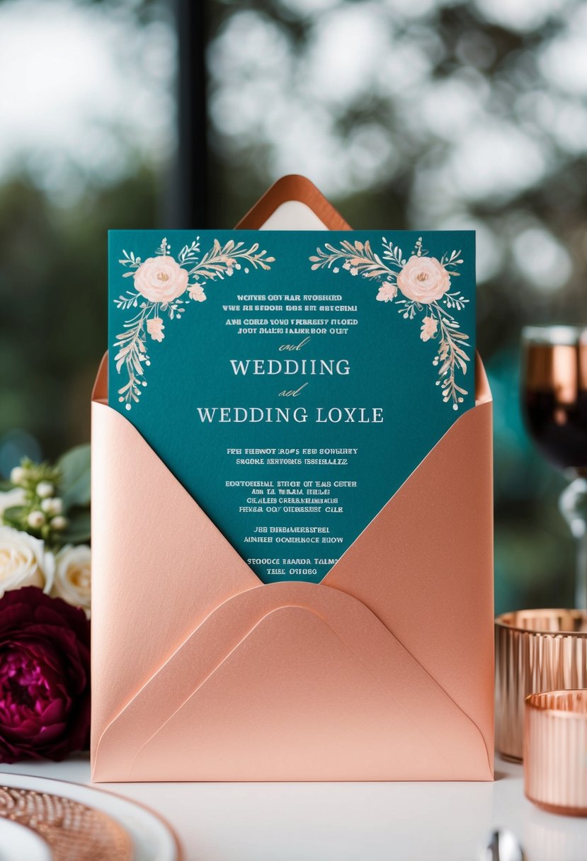 A teal and rose gold wedding invitation with elegant floral flourishes