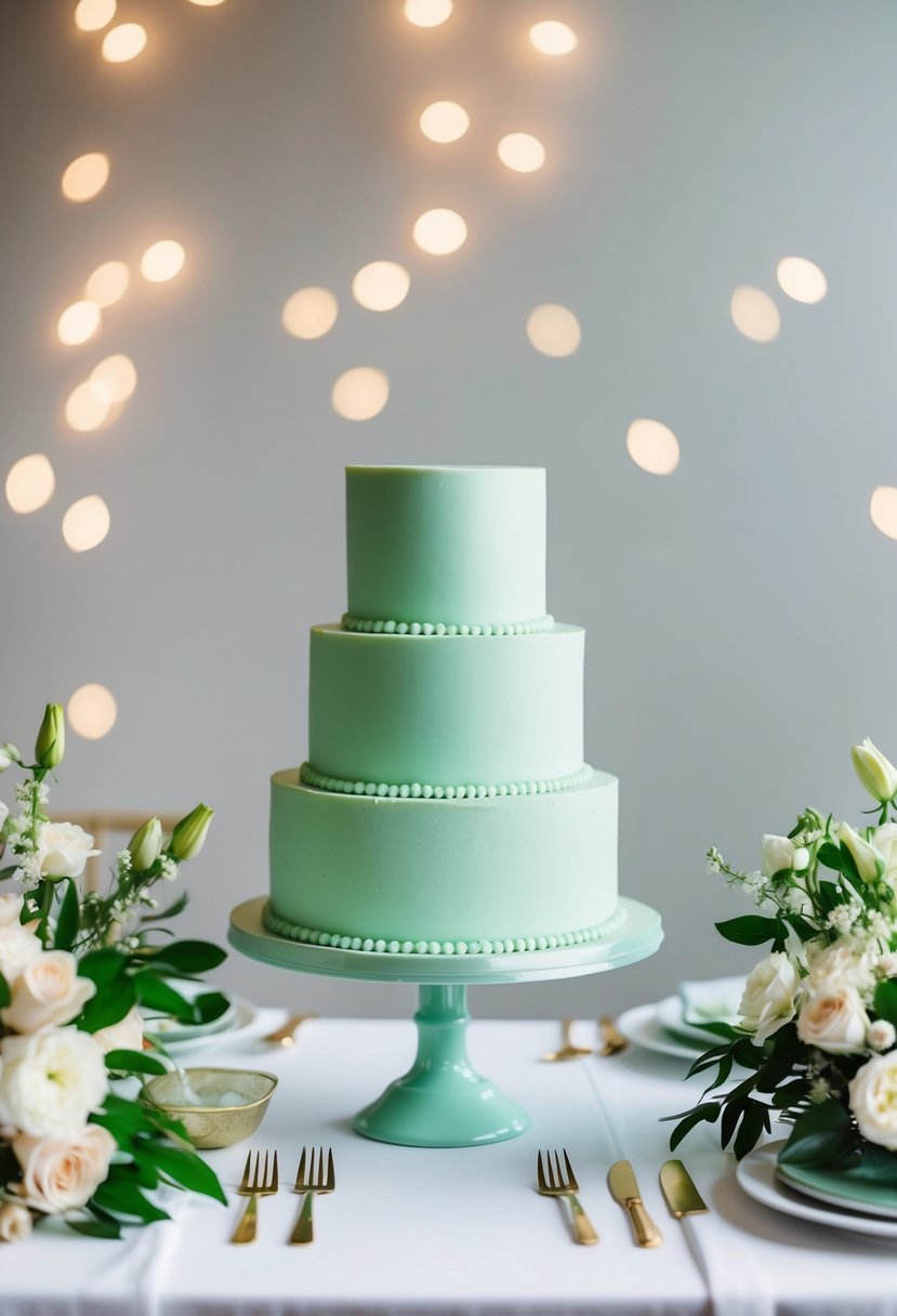 A mint green wedding cake surrounded by matching floral arrangements and table settings