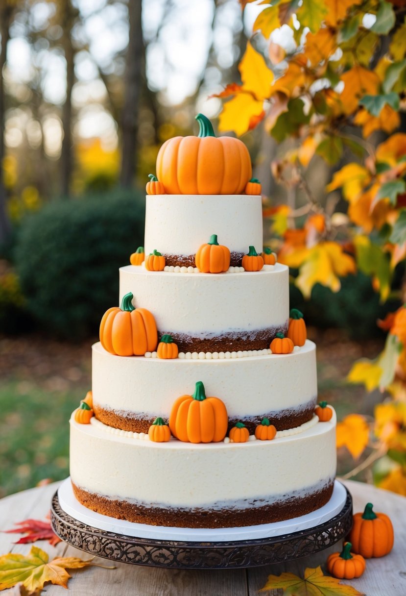 A tiered cake adorned with pumpkin-shaped cake toppers and autumn foliage