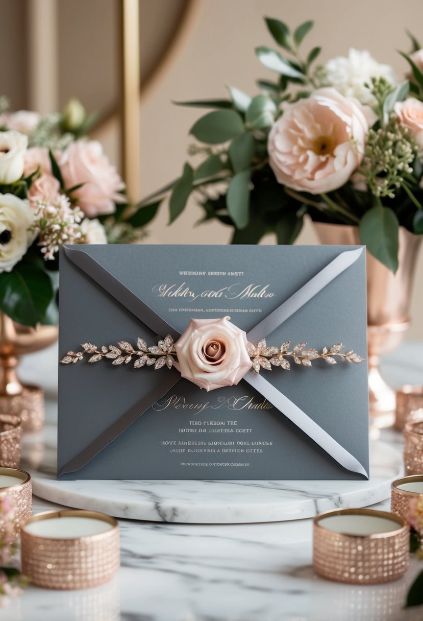 A sleek gray wedding invitation adorned with elegant rose gold details sits on a marble tabletop, surrounded by coordinating floral arrangements and shimmering metallic accents