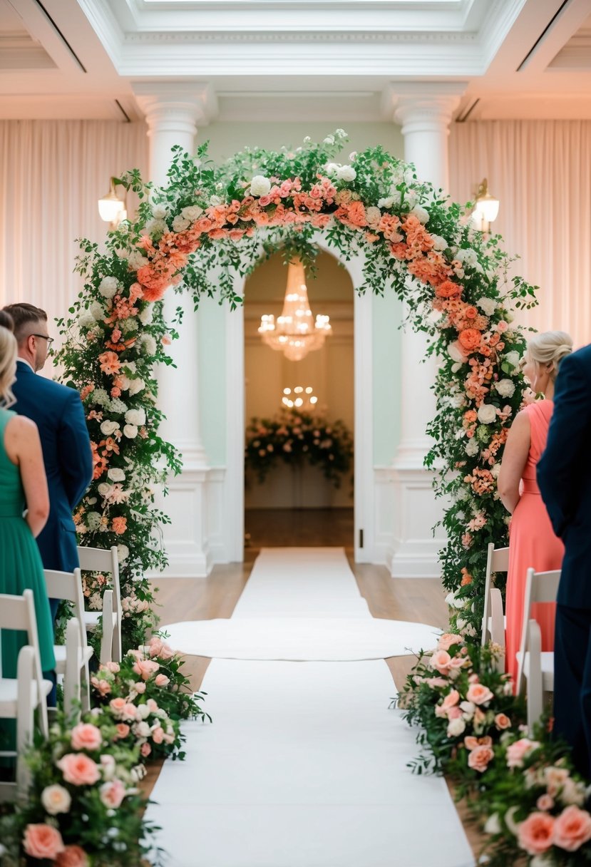 A mint green and coral floral archway frames a white wedding aisle