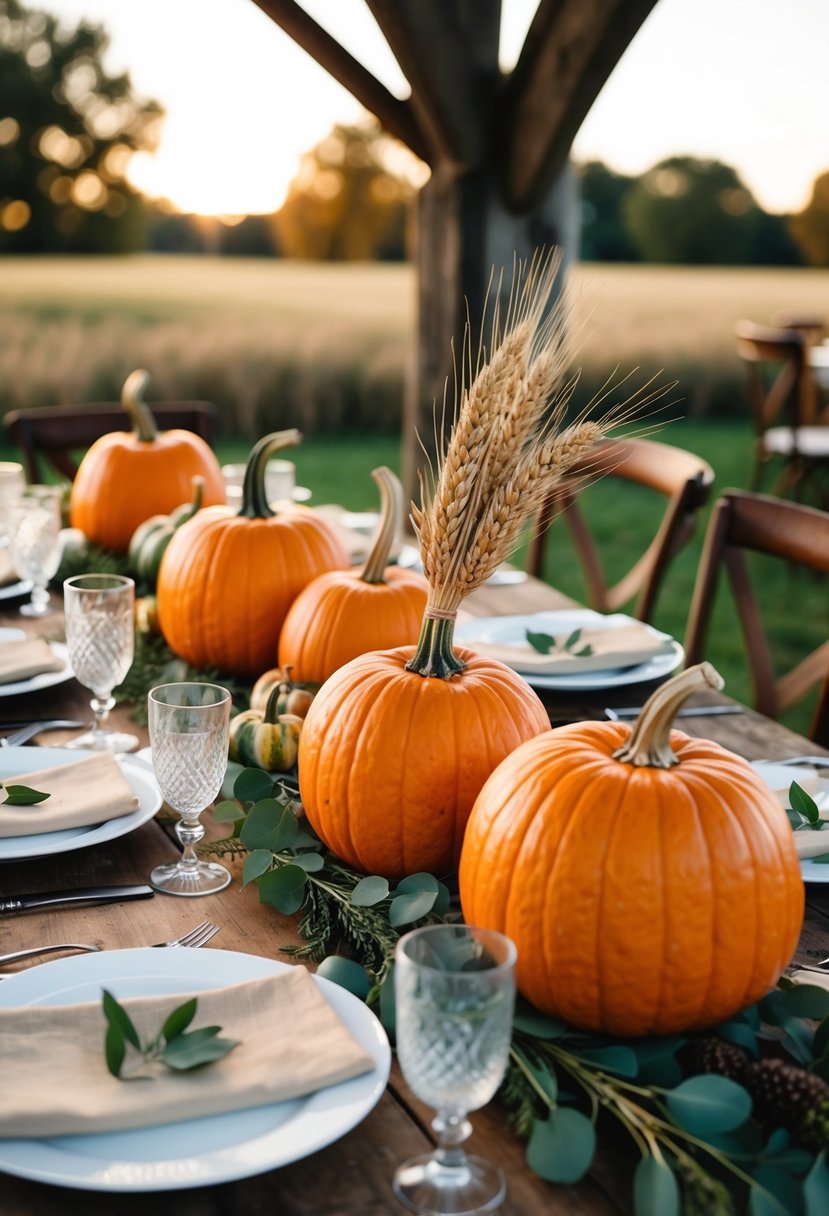 A rustic wedding table adorned with pumpkins and a wheat sheaf centerpiece