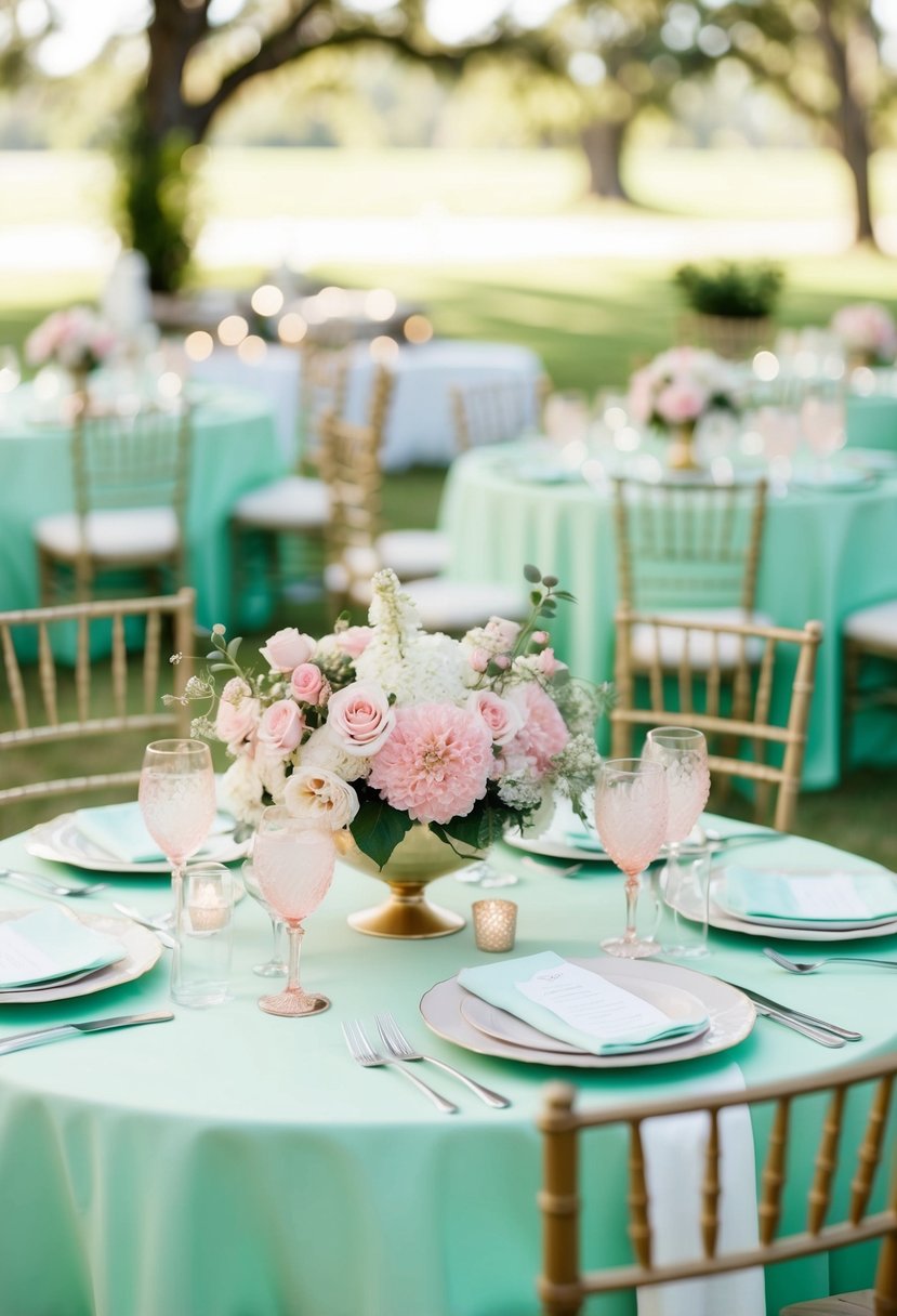 A romantic wedding table set with mint green tablecloth, blush pink flowers, and mint green accents