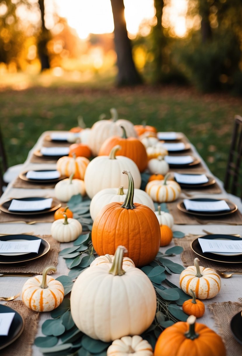 Assorted pumpkins on table runners, creating a rustic wedding decor scene