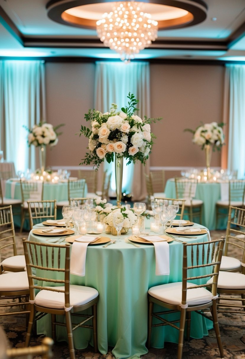 A mint green and gold wedding reception with elegant decor and floral arrangements