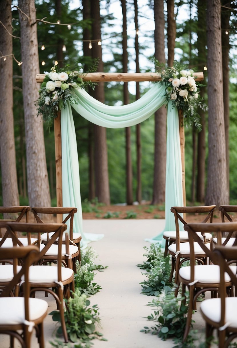 A serene woodland wedding ceremony with mint green and brown accents, featuring a canopy of trees, rustic wooden chairs, and delicate greenery