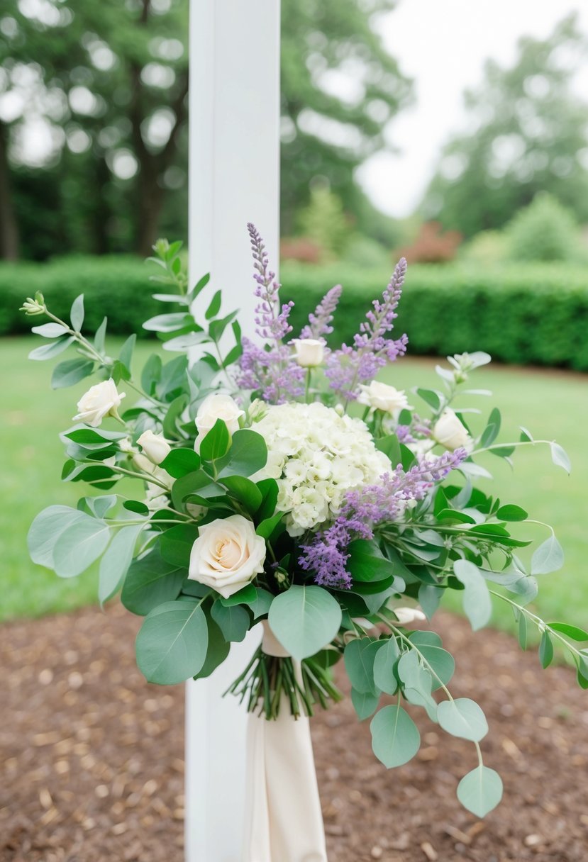 A serene garden wedding with mint green foliage, lavender flowers, and ivory accents