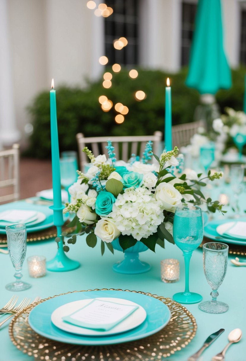 A Tiffany Blue and Mint Delight green wedding table setting with elegant floral centerpieces and delicate mint green accents