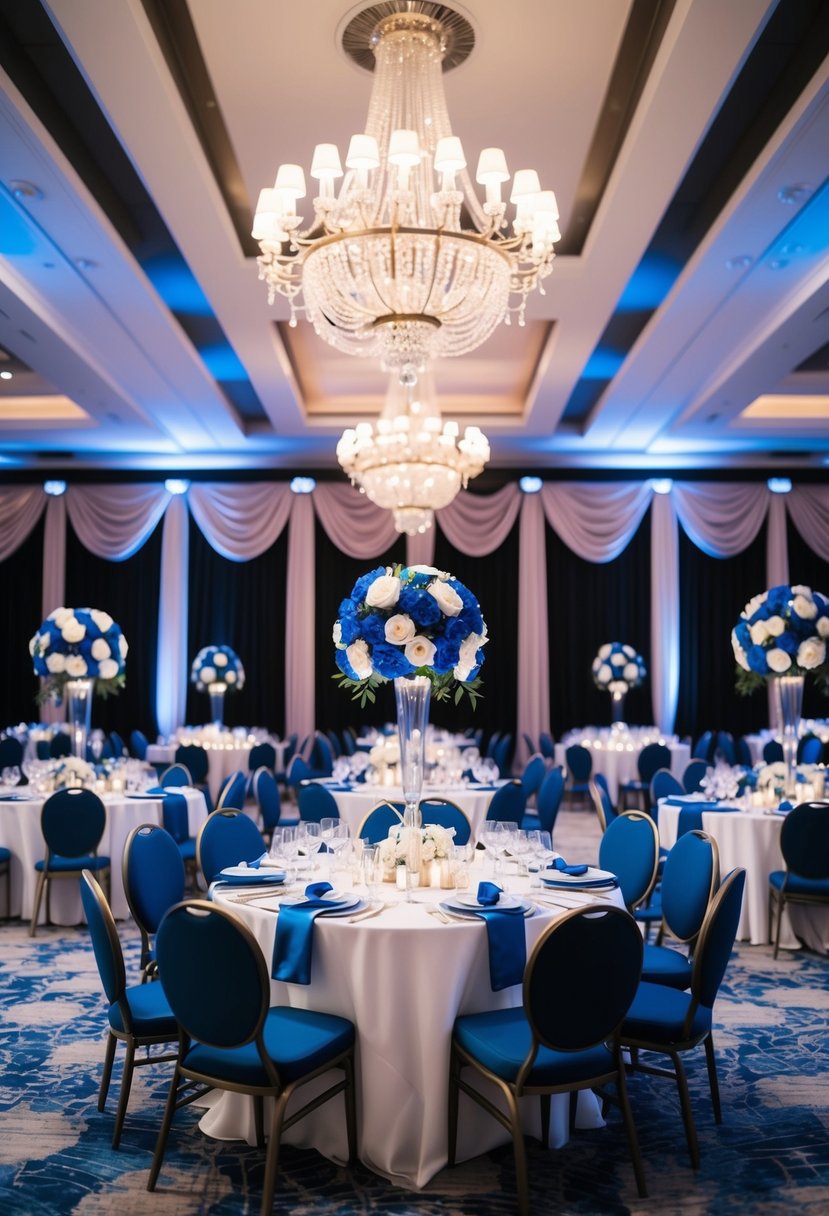 A grand ballroom adorned with royal blue and mauve flowers, drapes, and table settings for a luxurious wedding celebration