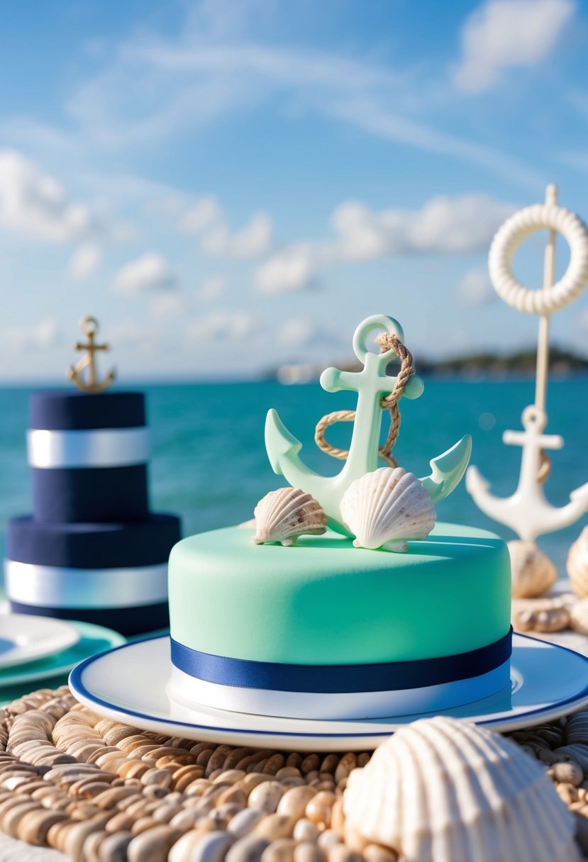 A navy and mint nautical theme wedding with mint green decor, anchor motifs, and seashell accents by the seaside