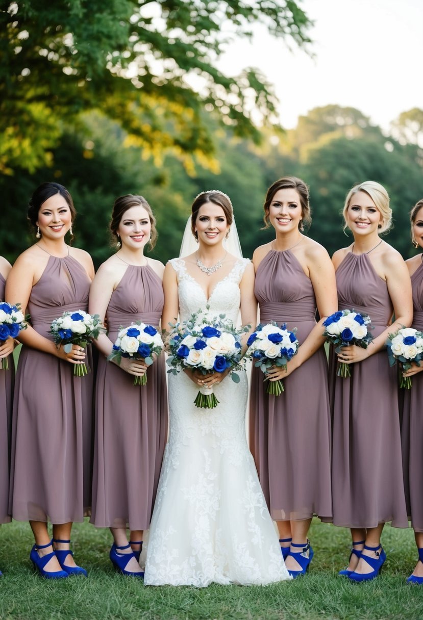 Mauve bridesmaid dresses with royal blue shoes, bouquets, and jewelry