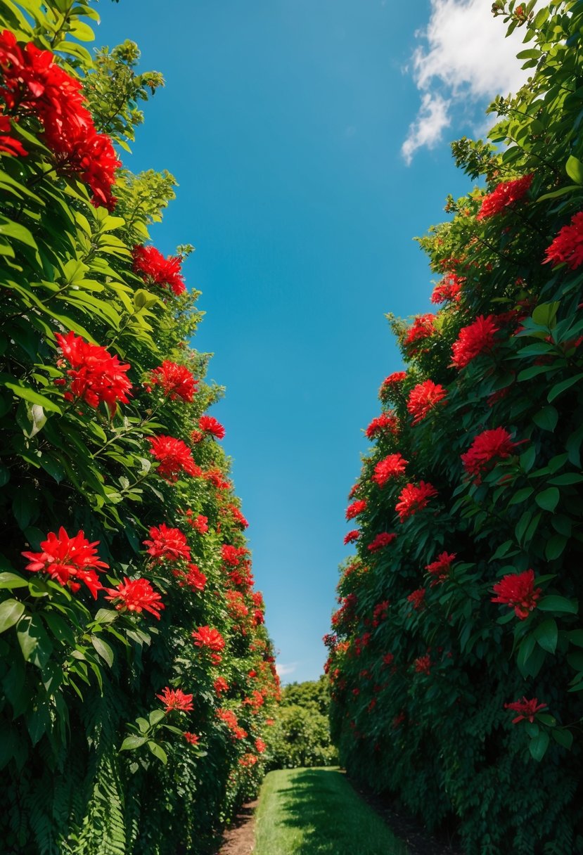 A lush emerald forest with vibrant red flowers and foliage, set against a clear blue sky