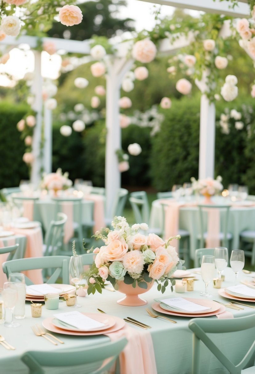 A serene garden wedding with peach and mint green decor, soft pastel flowers, and delicate touches of subtle charm throughout