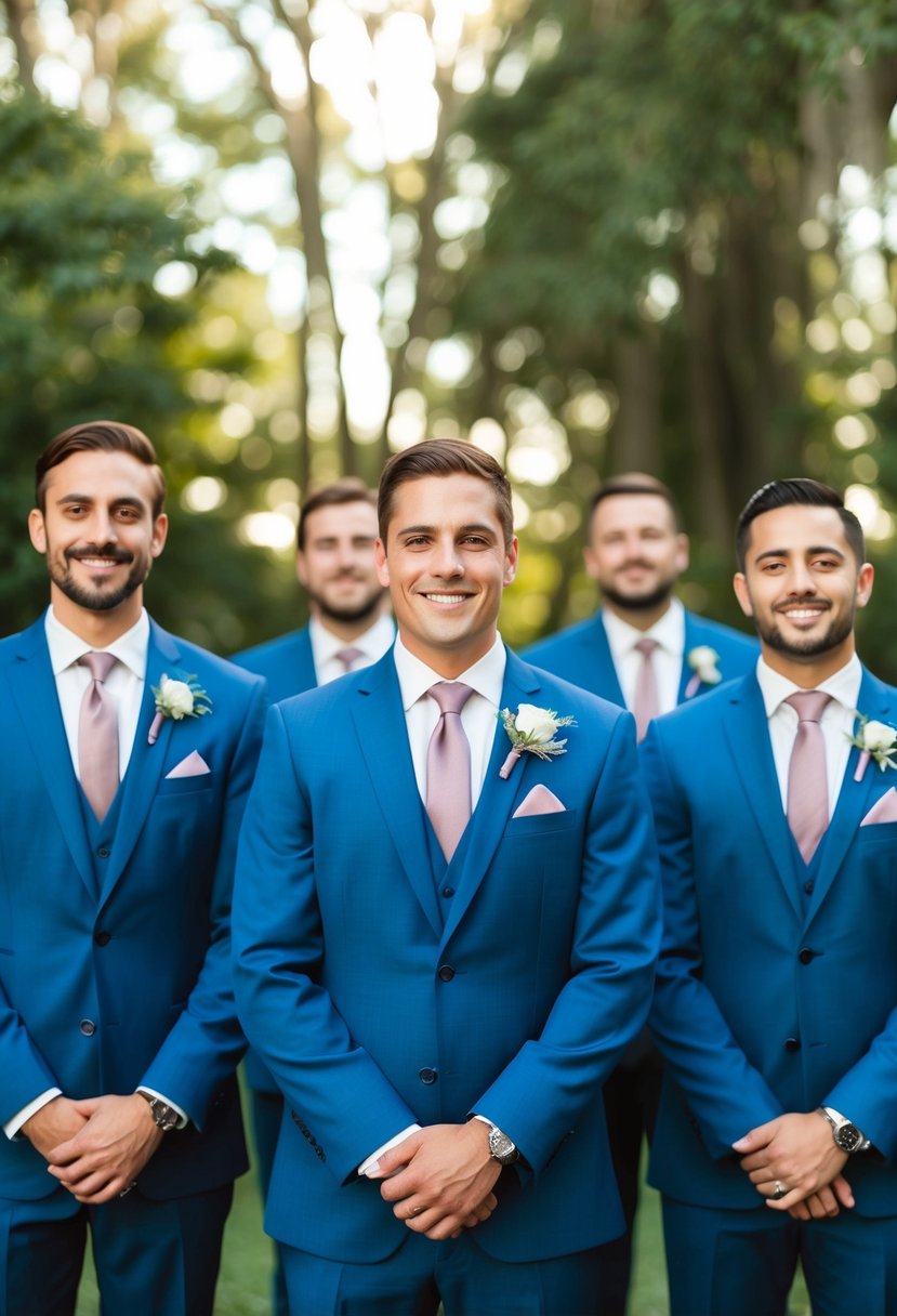 Royal blue suits and mauve ties arranged in an elegant wedding setting