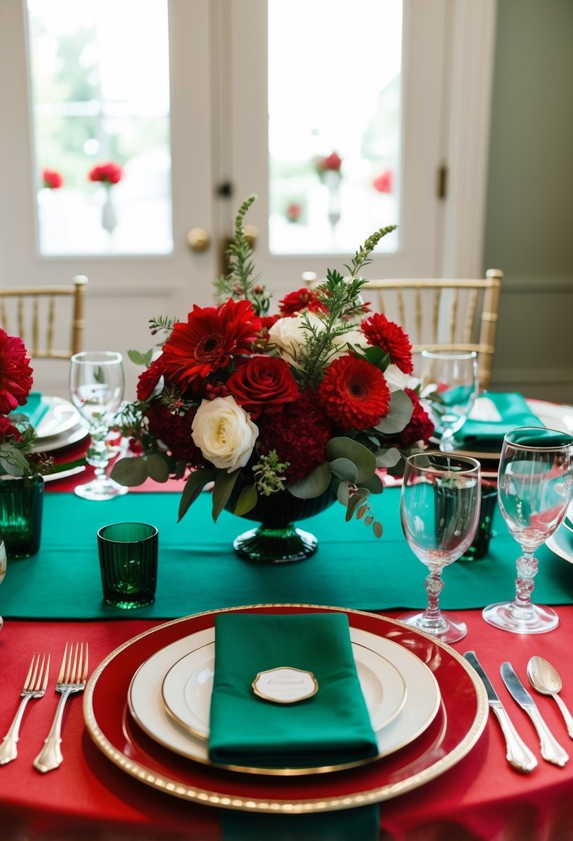 Emerald and red table settings with floral centerpieces and elegant dinnerware