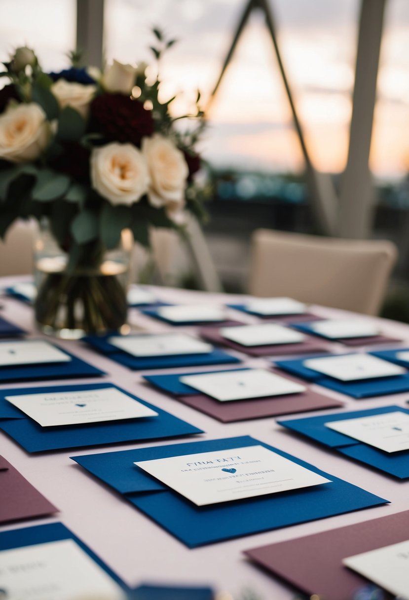 Elegant royal blue and mauve wedding invitation cards arranged on a table