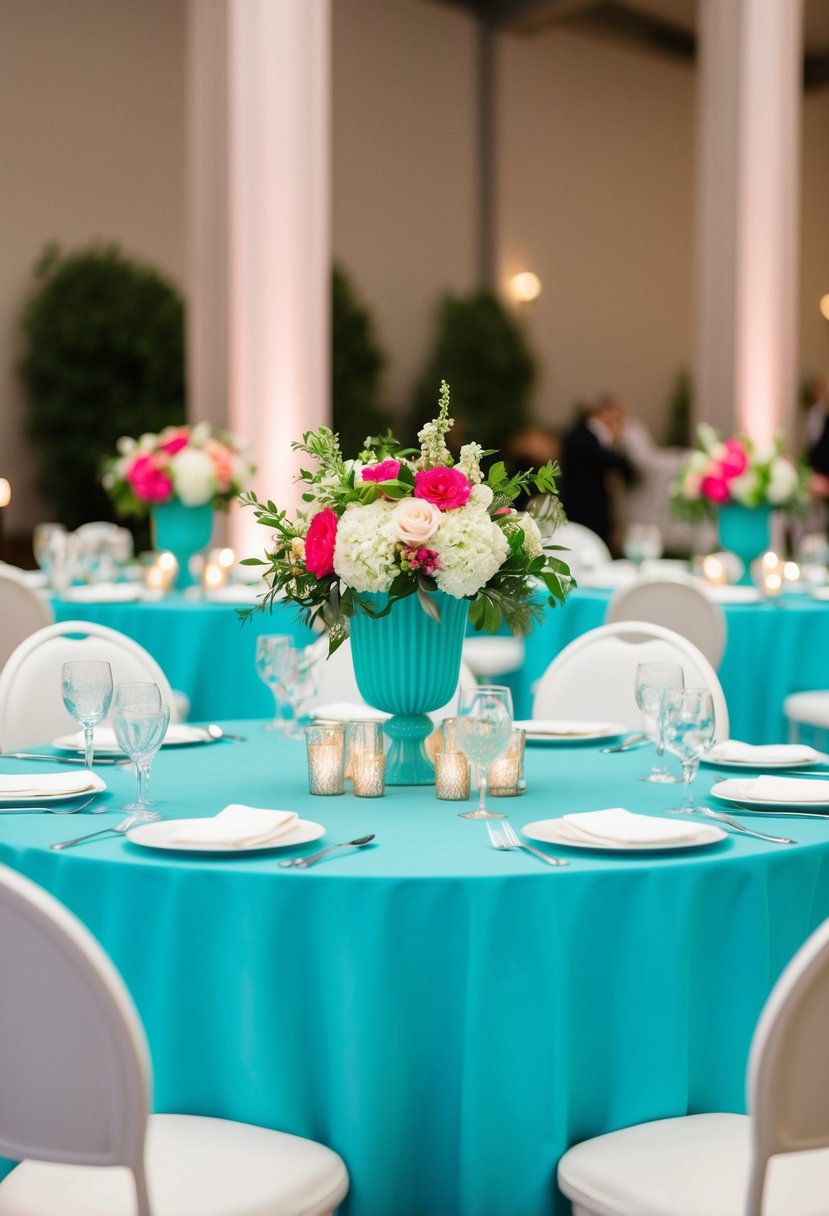 A wedding reception with turquoise tablecloths, mint green centerpieces, and vibrant floral arrangements