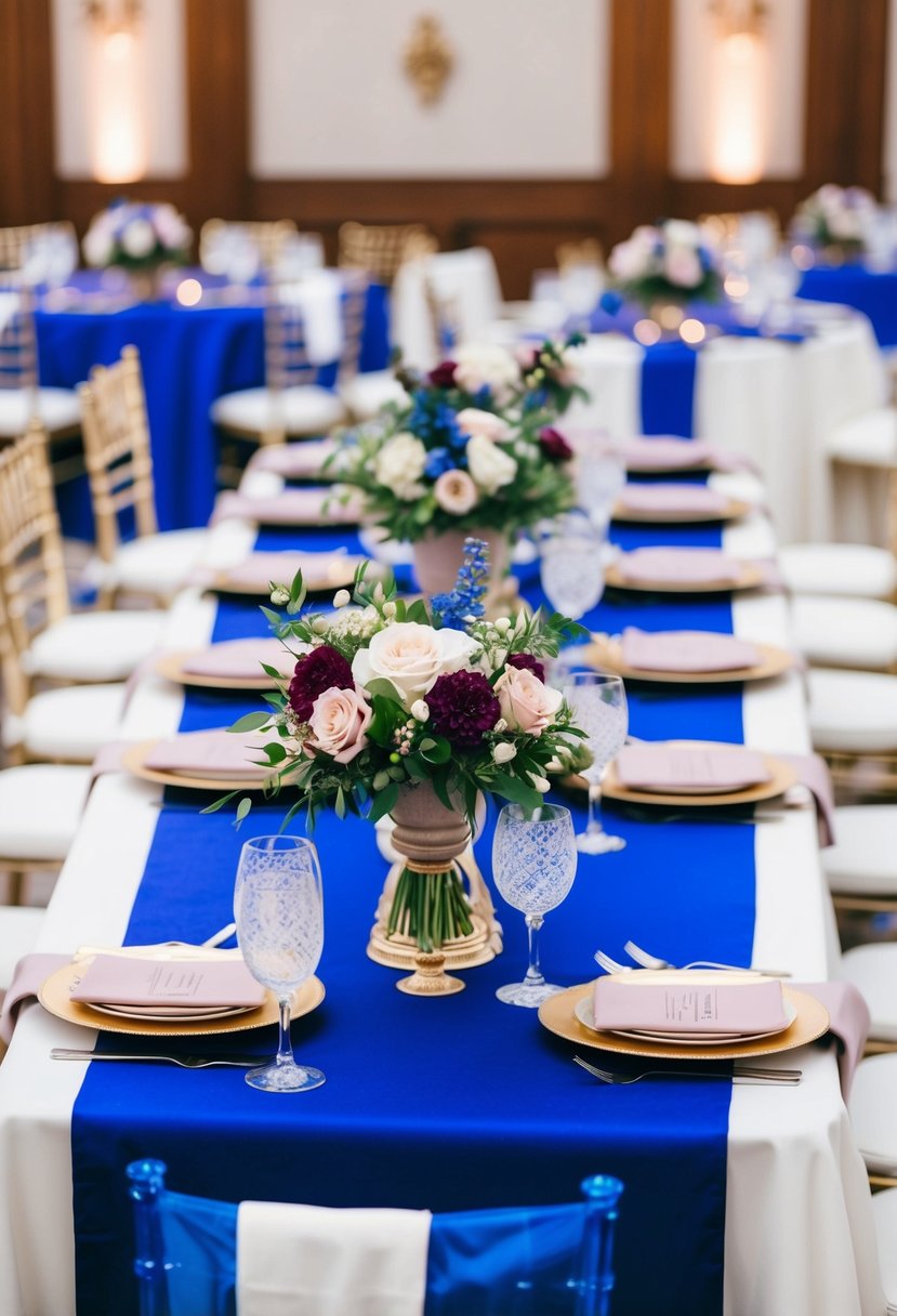 Royal blue table runners with mauve centerpieces adorn the tables in a regal wedding setting