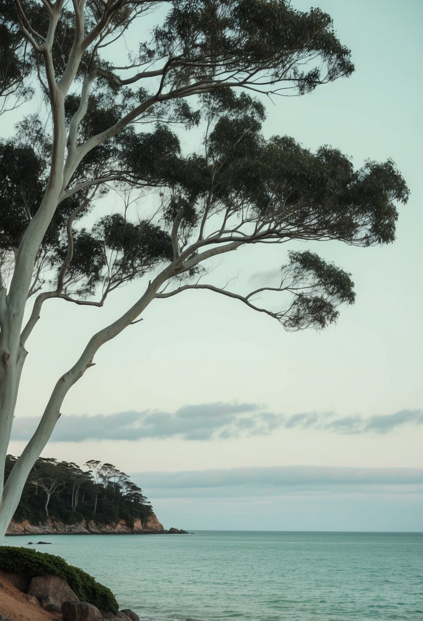 A serene coastal scene with eucalyptus trees against a soft mint green sky