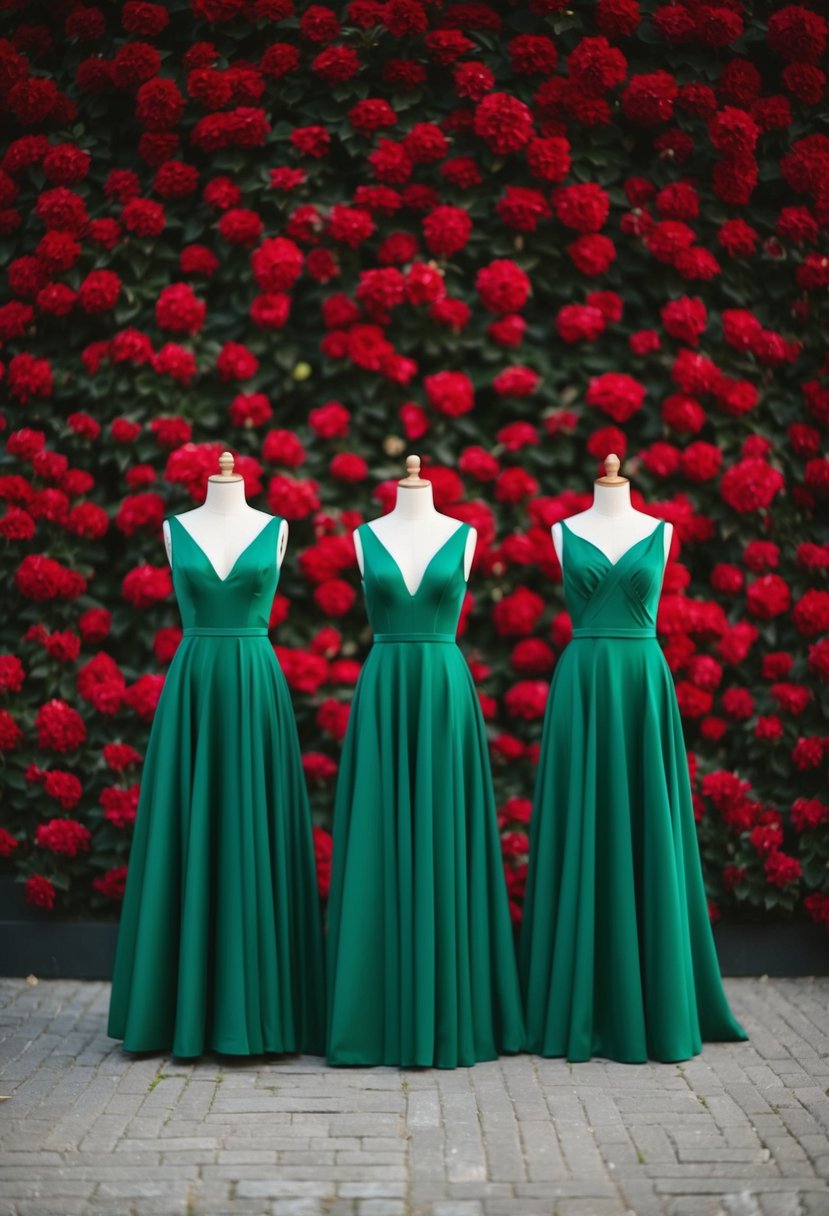 Emerald green dresses against red floral backdrop