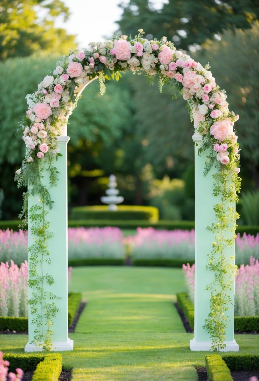 A mint green and pink floral archway in a serene garden setting