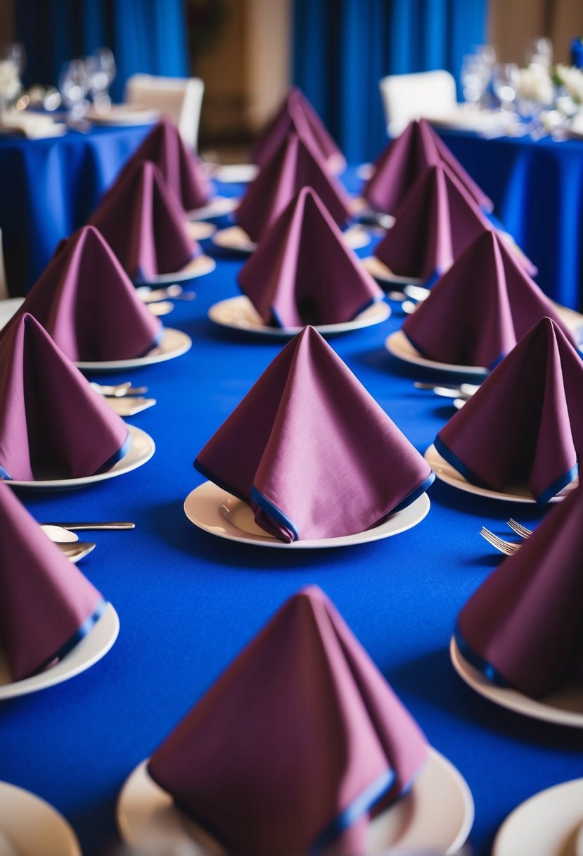 Mauve napkins arranged on a royal blue tablecloth, creating a striking contrast for a wedding color scheme