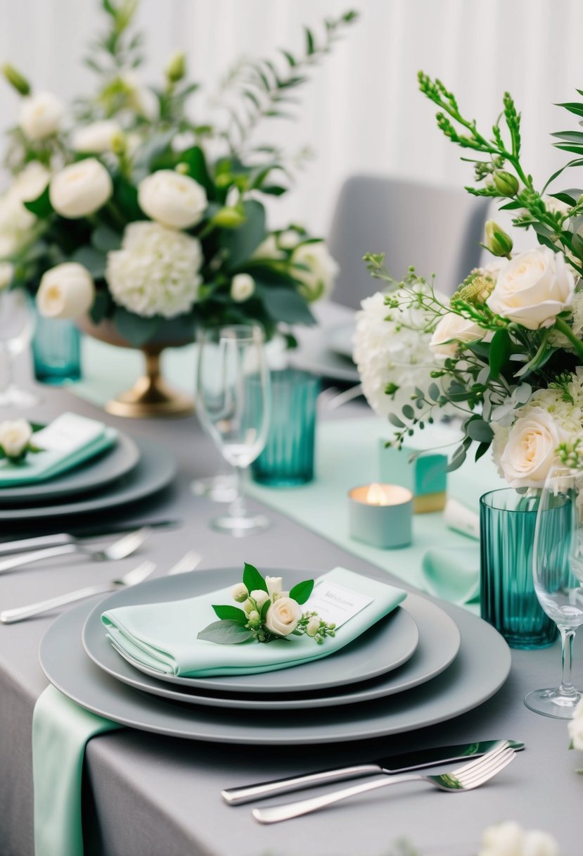 A sleek gray and mint green wedding table setting with elegant floral arrangements and modern tableware