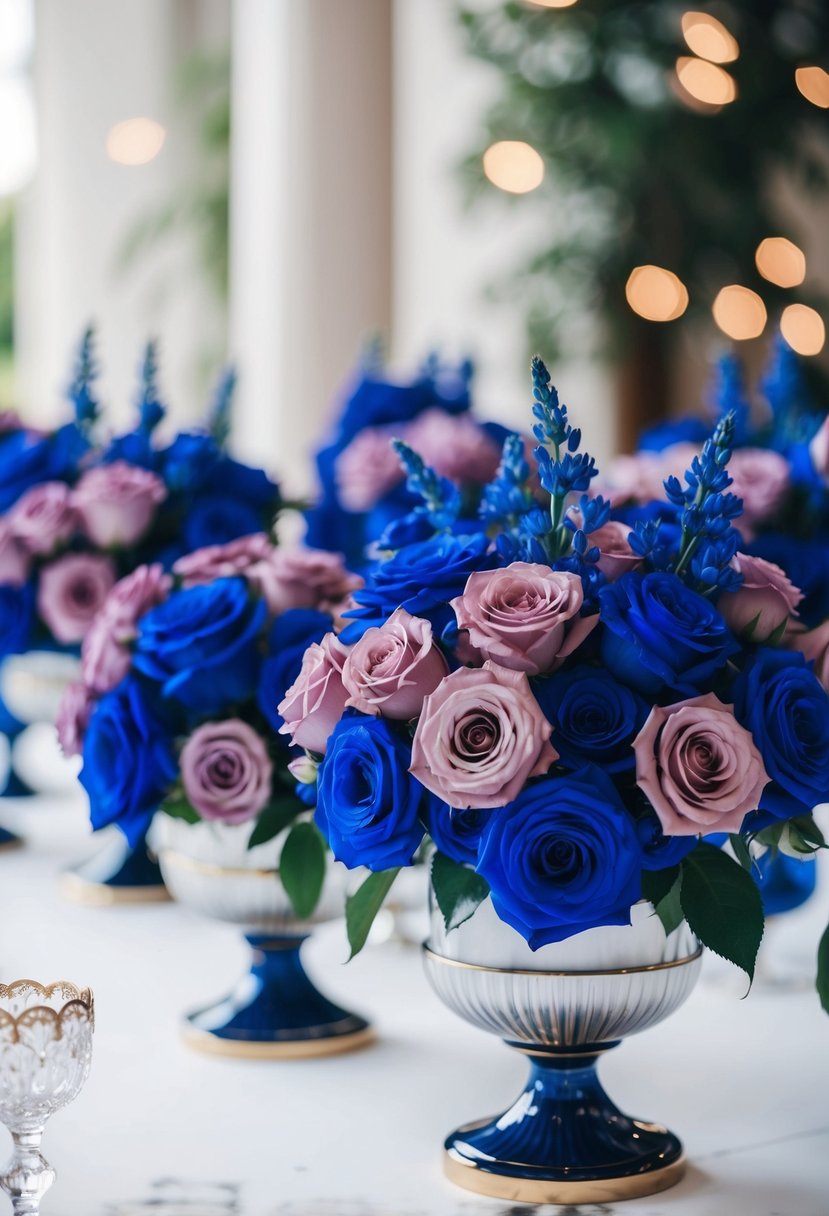 Royal blue floral arrangements with mauve roses in elegant vases