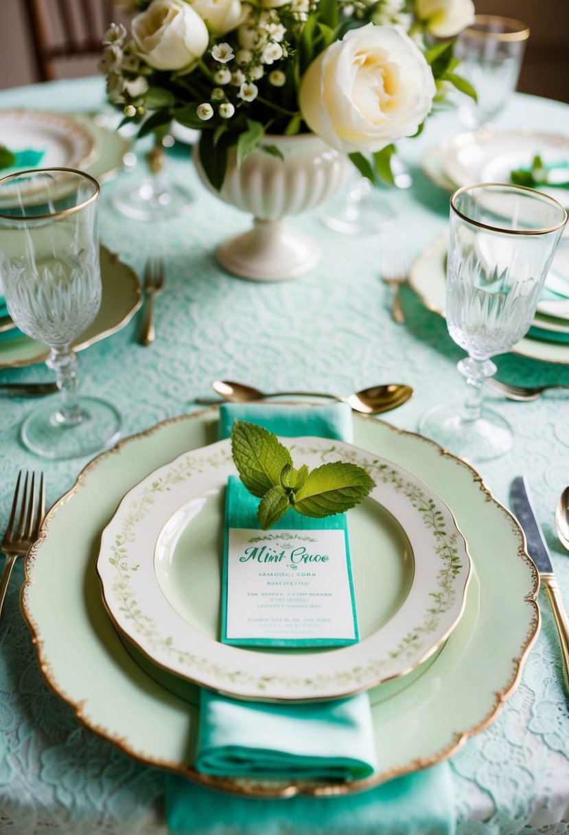 A vintage mint green wedding table setting with antique plates, delicate lace tablecloth, and fresh mint accents