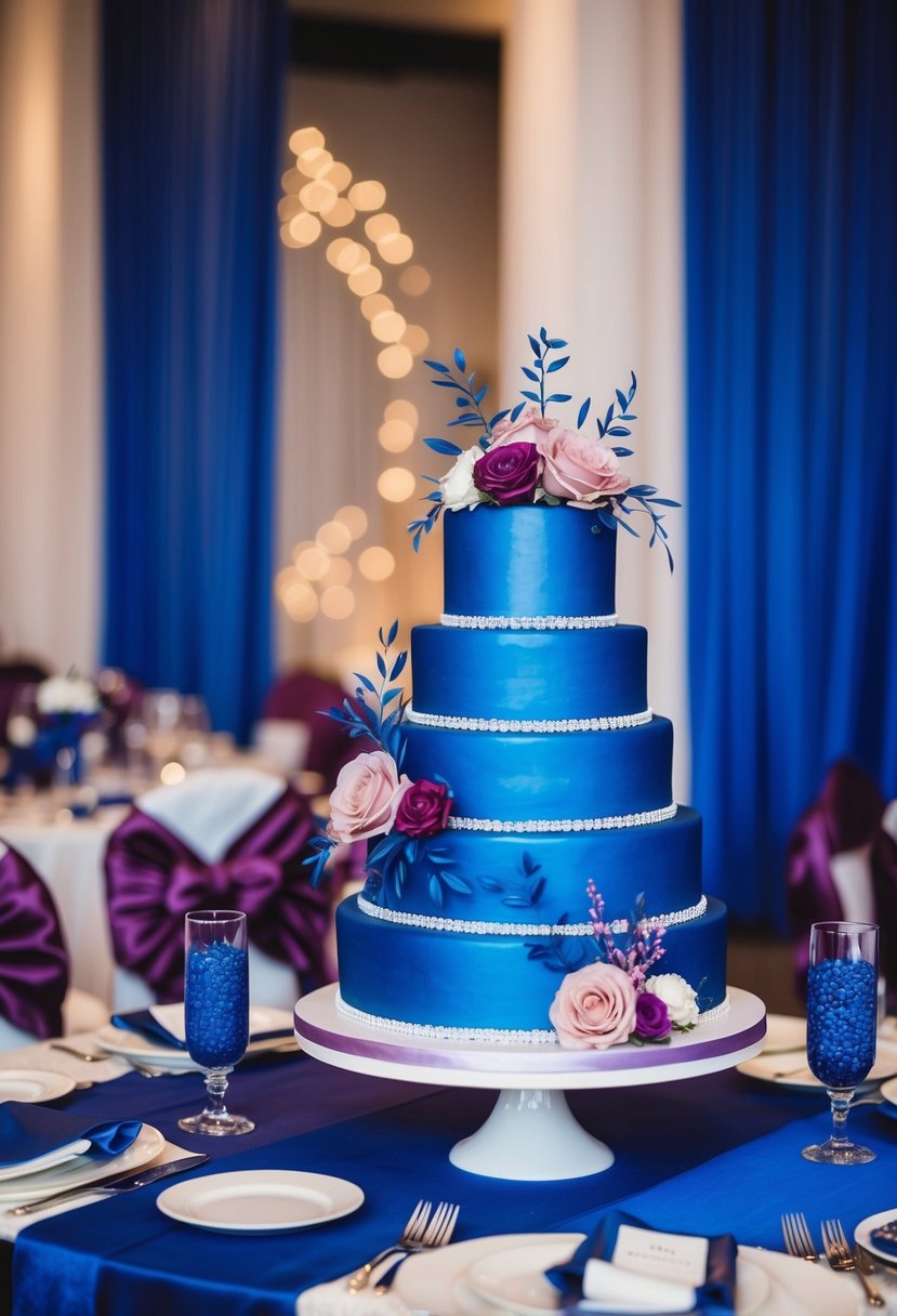 A royal blue wedding cake adorned with mauve floral accents sits on a table, surrounded by royal blue and mauve wedding decor