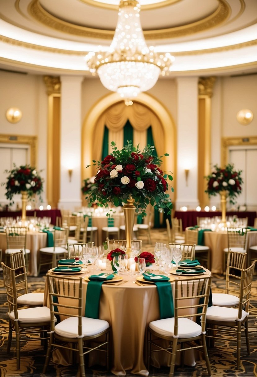 A grand ballroom adorned with gold accents, emerald and red floral arrangements, and elegant table settings