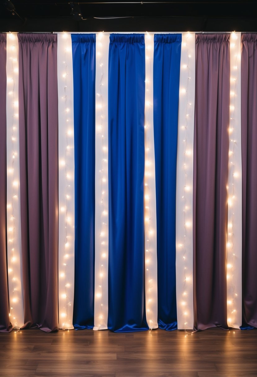 A photo booth backdrop with alternating panels of royal blue and mauve, accented with twinkling fairy lights