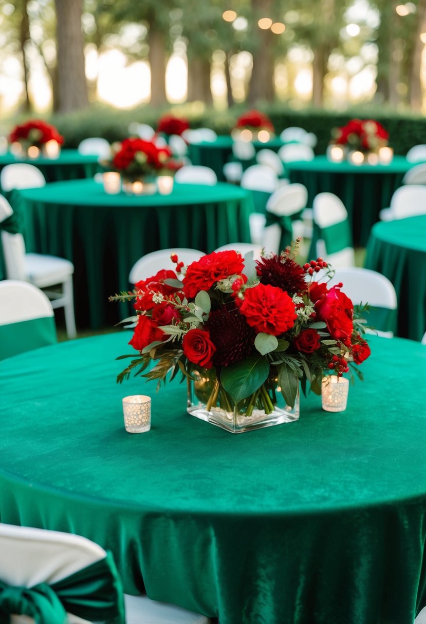 Emerald velvet tablecloths with red floral centerpieces