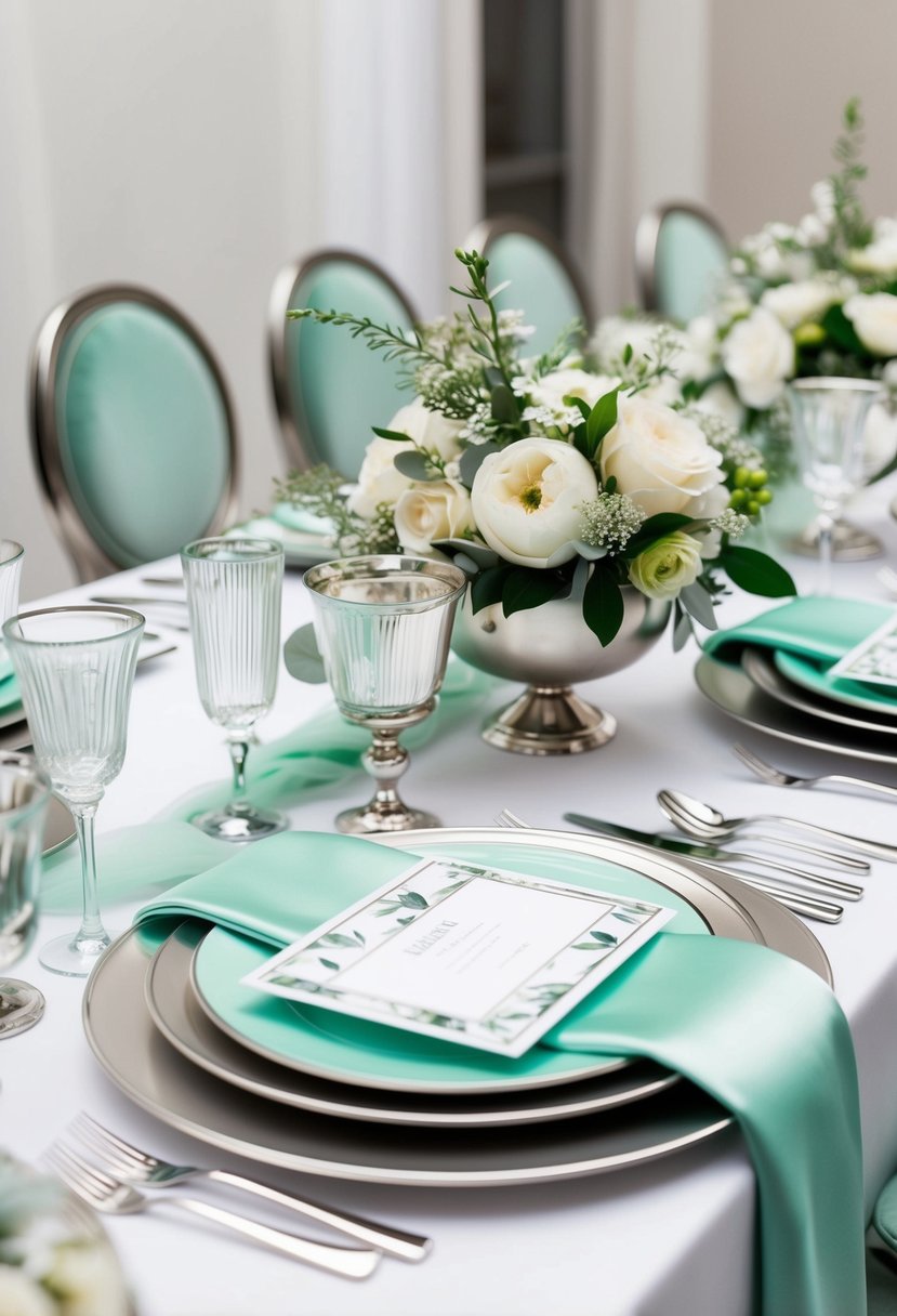 A chic wedding table setting with mint green and silver accents, featuring elegant floral centerpieces and sleek, modern tableware