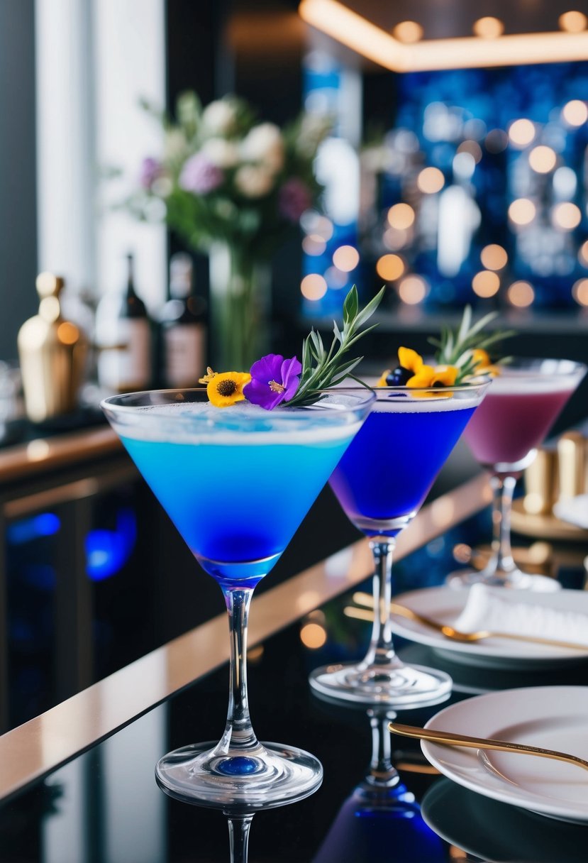 Royal blue and mauve cocktails on a sleek, modern bar with elegant glassware and floral garnishes