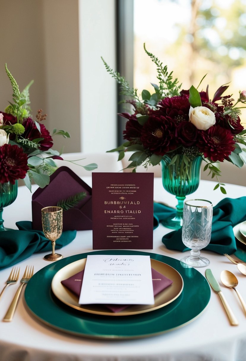 A burgundy and emerald invitation suite laid out on a table with coordinating floral arrangements and decorative elements